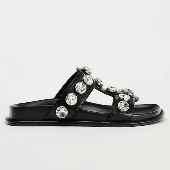 BLOGGER'S FAVE! Zara Faux Leather Gem Sandals Black NWT