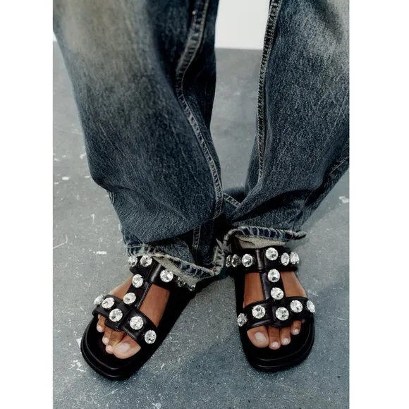 BLOGGER'S FAVE! Zara Faux Leather Gem Sandals Black NWT