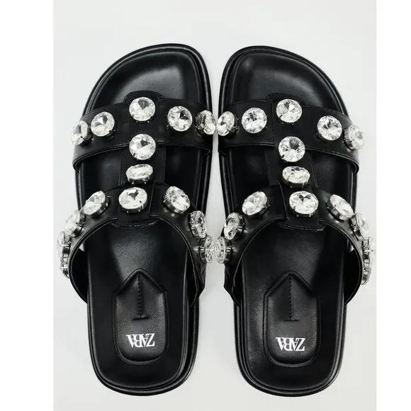 BLOGGER'S FAVE! Zara Faux Leather Gem Sandals Black NWT