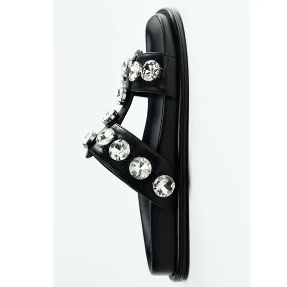 BLOGGER'S FAVE! Zara Faux Leather Gem Sandals Black NWT