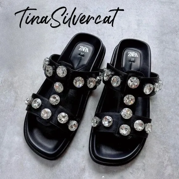 BLOGGER'S FAVE! Zara Faux Leather Gem Sandals Black NWT