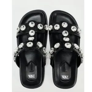 BLOGGER'S FAVE! Zara Faux Leather Gem Sandals Black NWT