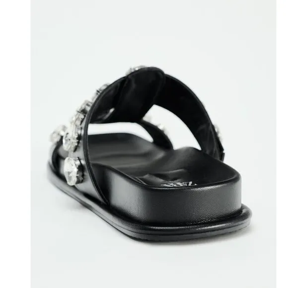 BLOGGER'S FAVE! Zara Faux Leather Gem Sandals Black NWT