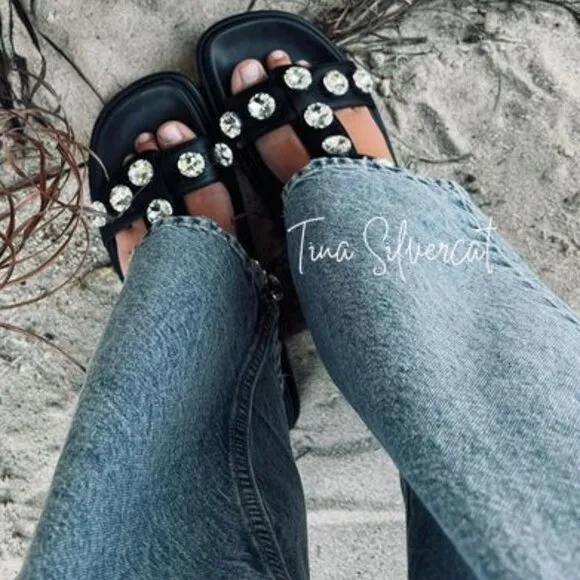 BLOGGER'S FAVE! Zara Faux Leather Gem Sandals Black NWT