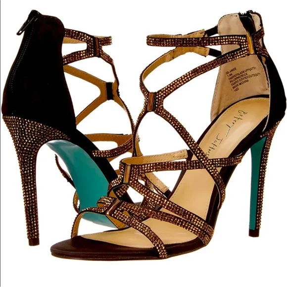 Blue by Betsey Johnson Aimee Black and Gold Strappy Heels Rhinestones