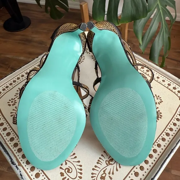 Blue by Betsey Johnson Aimee Black and Gold Strappy Heels Rhinestones