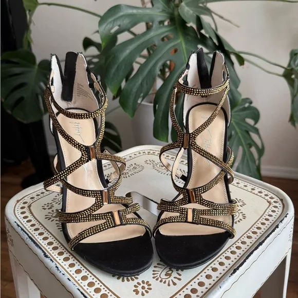 Blue by Betsey Johnson Aimee Black and Gold Strappy Heels Rhinestones