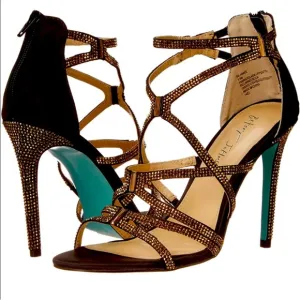 Blue by Betsey Johnson Aimee Black and Gold Strappy Heels Rhinestones