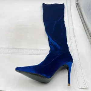 Blue Velvet Pointed Toe Stiletto Heels Over the Knee High Boots for Women