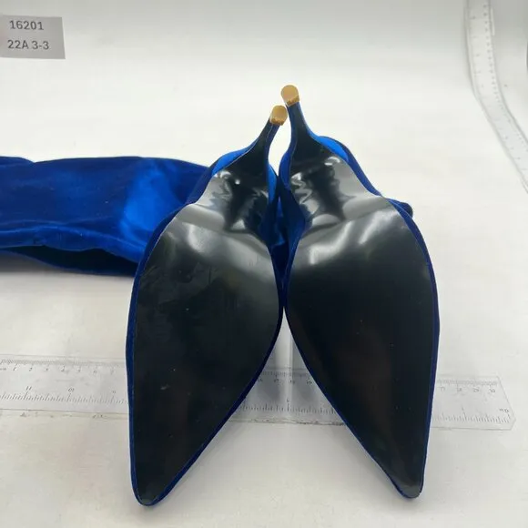 Blue Velvet Pointed Toe Stiletto Heels Over the Knee High Boots for Women
