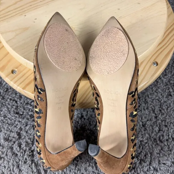 Bocage Heels Womens 6.5 Suede Leopard Print Pointed Stiletto Heel Made in France
