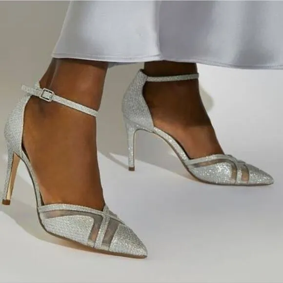 BRAND NEW DUNE LONDON DIANE HEELS IN PEWTER PIN HEELS SANDALS