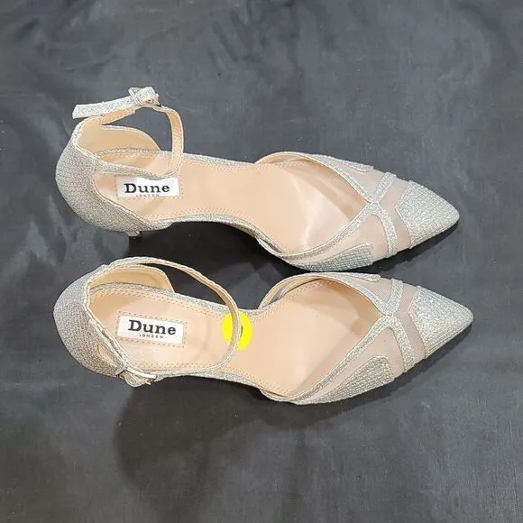 BRAND NEW DUNE LONDON DIANE HEELS IN PEWTER PIN HEELS SANDALS