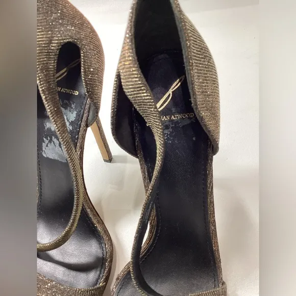 Brian Atwood Consort Iridescent Glitter Stilleto Heel Sandal In Bronze Size 9