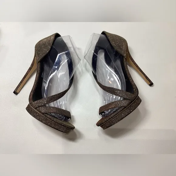 Brian Atwood Consort Iridescent Glitter Stilleto Heel Sandal In Bronze Size 9