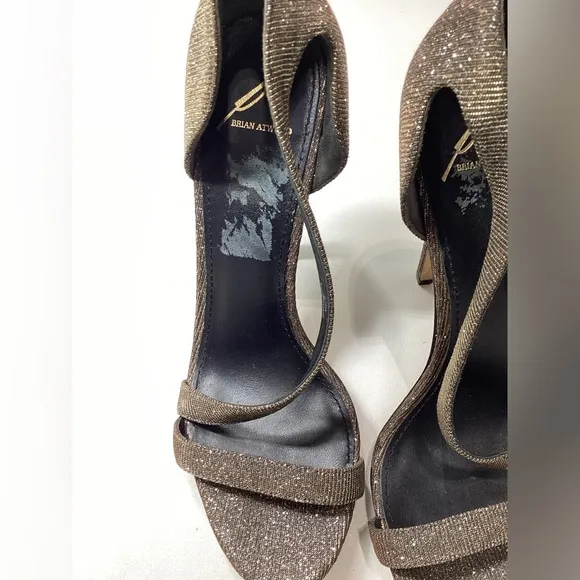 Brian Atwood Consort Iridescent Glitter Stilleto Heel Sandal In Bronze Size 9
