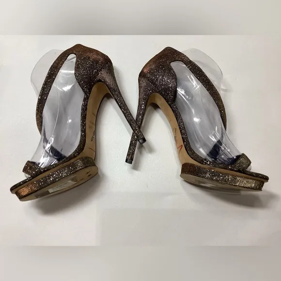 Brian Atwood Consort Iridescent Glitter Stilleto Heel Sandal In Bronze Size 9