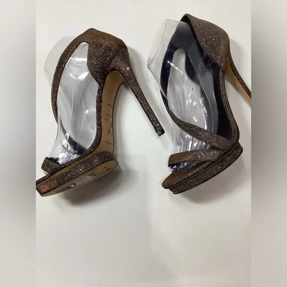 Brian Atwood Consort Iridescent Glitter Stilleto Heel Sandal In Bronze Size 9