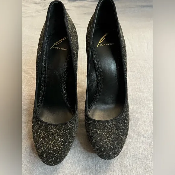 Brian Atwood Fontanne Shoes Gold Red Blue Glitter Heels Platform Black