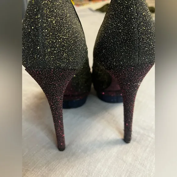 Brian Atwood Fontanne Shoes Gold Red Blue Glitter Heels Platform Black