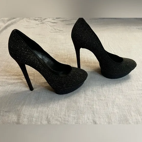 Brian Atwood Fontanne Shoes Gold Red Blue Glitter Heels Platform Black