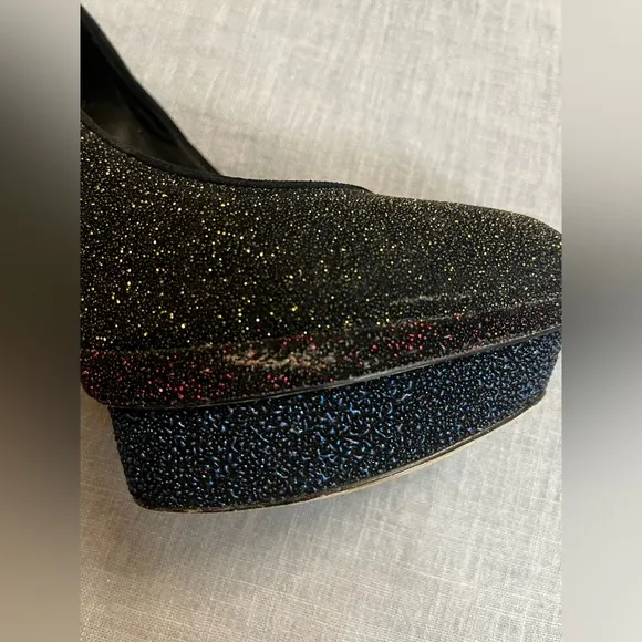 Brian Atwood Fontanne Shoes Gold Red Blue Glitter Heels Platform Black