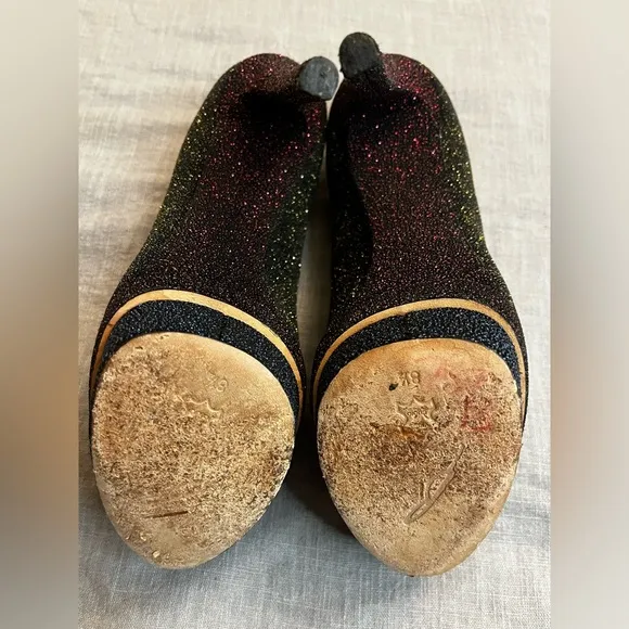 Brian Atwood Fontanne Shoes Gold Red Blue Glitter Heels Platform Black