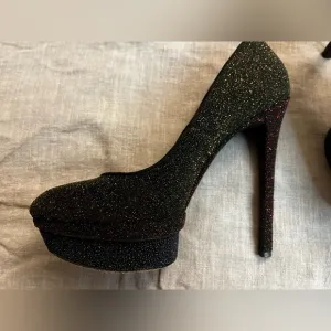 Brian Atwood Fontanne Shoes Gold Red Blue Glitter Heels Platform Black