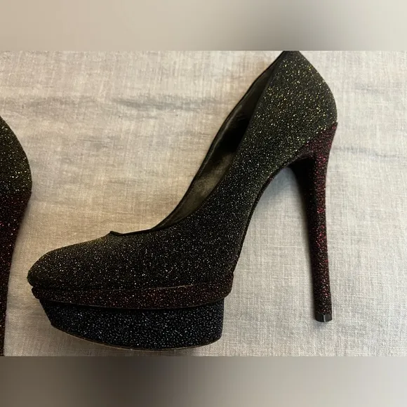 Brian Atwood Fontanne Shoes Gold Red Blue Glitter Heels Platform Black