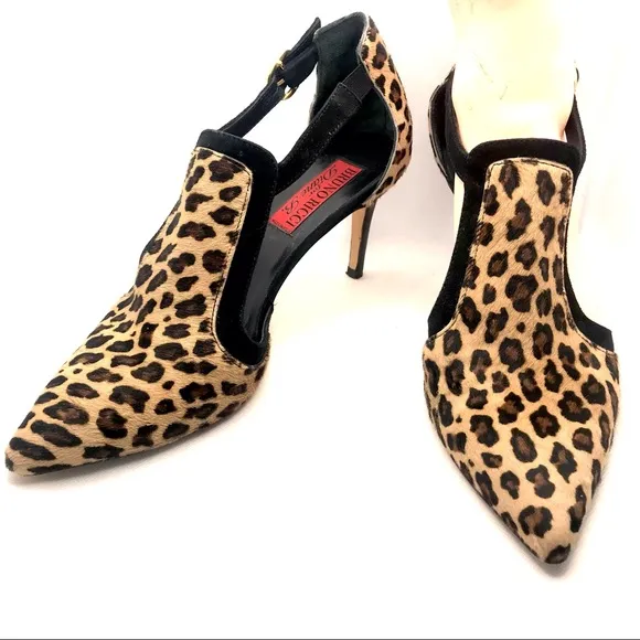 BRUNO RICCI FOR DIANE B ANIMAL PRINT &amp; FUR SIDE CUT OUT HEEL PUMPS (40)