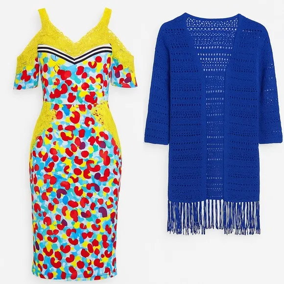 Bundle:Multicolor Lace Party Dress (XL)   Chico’s Blue Crochet Cardigan (M–XL)