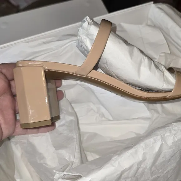 By Far Tanya Patent Leather Slip On Mule Heeled Sandal in Nude NIB  EU 39 US 9