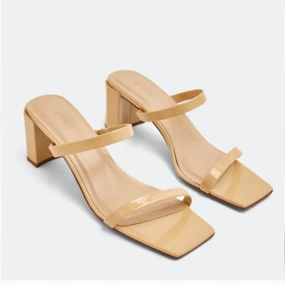 By Far Tanya Patent Leather Slip On Mule Heeled Sandal in Nude NIB  EU 39 US 9