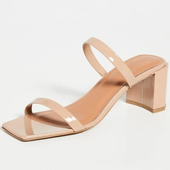 By Far Tanya Patent Leather Slip On Mule Heeled Sandal in Nude NIB  EU 39 US 9