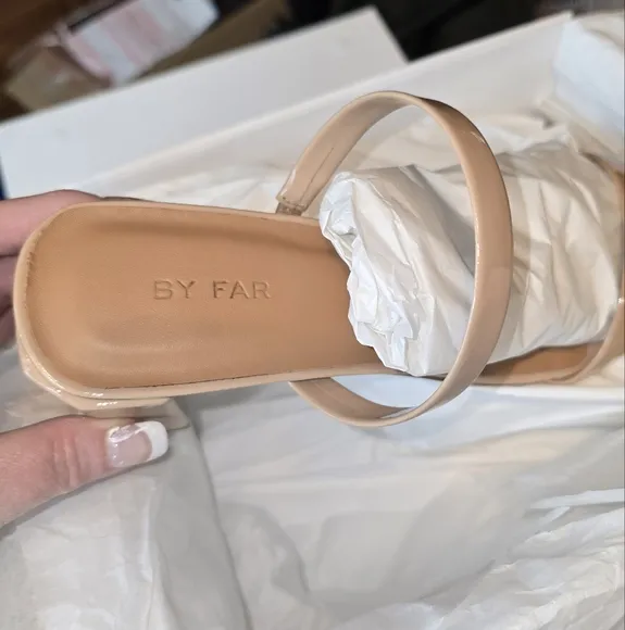 By Far Tanya Patent Leather Slip On Mule Heeled Sandal in Nude NIB  EU 39 US 9