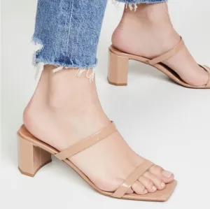 By Far Tanya Patent Leather Slip On Mule Heeled Sandal in Nude NIB  EU 39 US 9