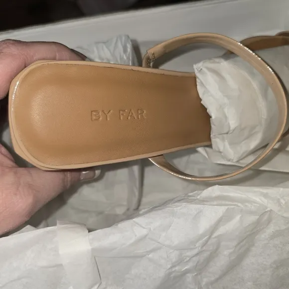 By Far Tanya Patent Leather Slip On Mule Heeled Sandal in Nude NIB  EU 40 US 10