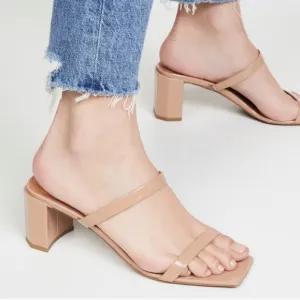 By Far Tanya Patent Leather Slip On Mule Heeled Sandal in Nude NIB  EU 40 US 10