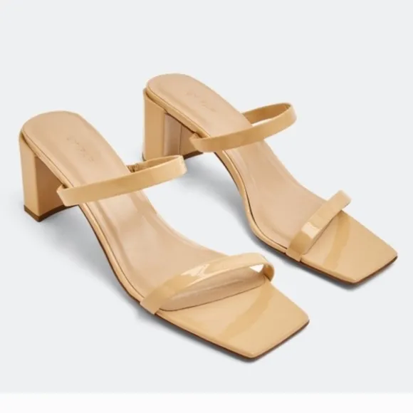 By Far Tanya Patent Leather Slip On Mule Heeled Sandal in Nude NIB  EU 40 US 10