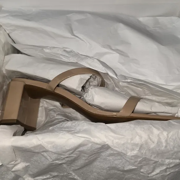 By Far Tanya Patent Leather Slip On Mule Heeled Sandal in Nude NIB  EU 40 US 10