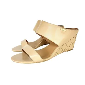 Calvin Klein Phyllis Nude Leather Studded Wedge Heel Double Strap Sandals Sz 10