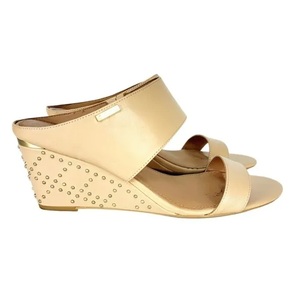 Calvin Klein Phyllis Nude Leather Studded Wedge Heel Double Strap Sandals Sz 10