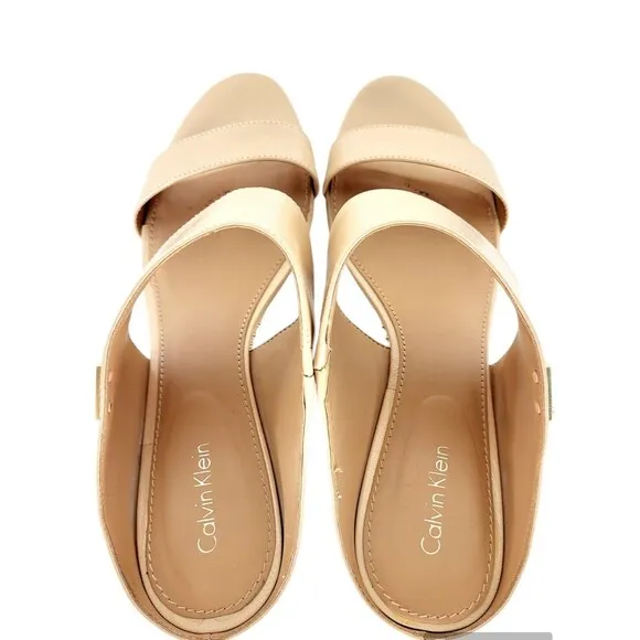 Calvin Klein Phyllis Nude Leather Studded Wedge Heel Double Strap Sandals Sz 10