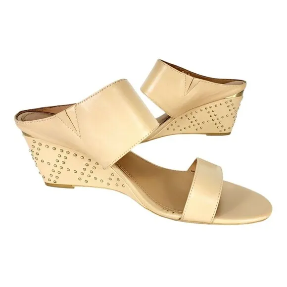 Calvin Klein Phyllis Nude Leather Studded Wedge Heel Double Strap Sandals Sz 10