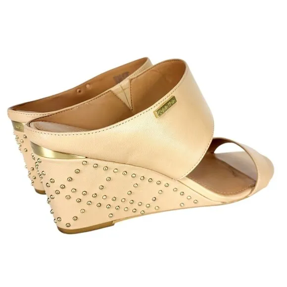 Calvin Klein Phyllis Nude Leather Studded Wedge Heel Double Strap Sandals Sz 10