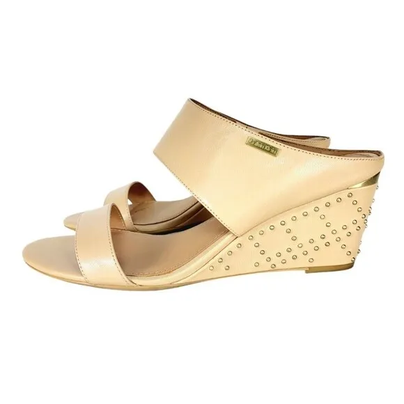 Calvin Klein Phyllis Nude Leather Studded Wedge Heel Double Strap Sandals Sz 10
