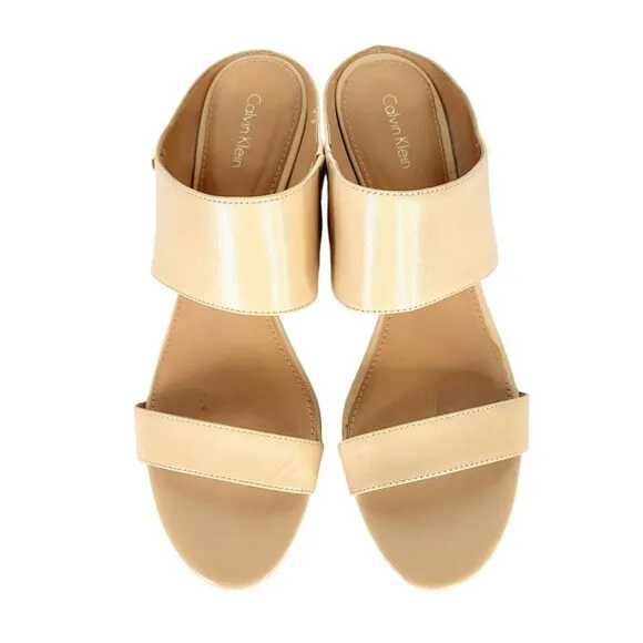 Calvin Klein Phyllis Nude Leather Studded Wedge Heel Double Strap Sandals Sz 10
