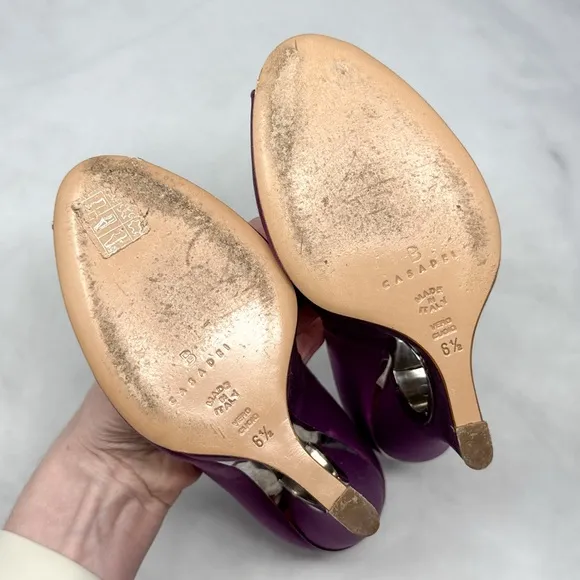 CASADEI Silk Satin Engraved Logo Metal Ring Cutout Wedge Heel Pumps Vintage 6.5