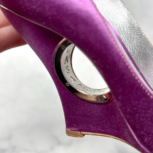 CASADEI Silk Satin Engraved Logo Metal Ring Cutout Wedge Heel Pumps Vintage 6.5