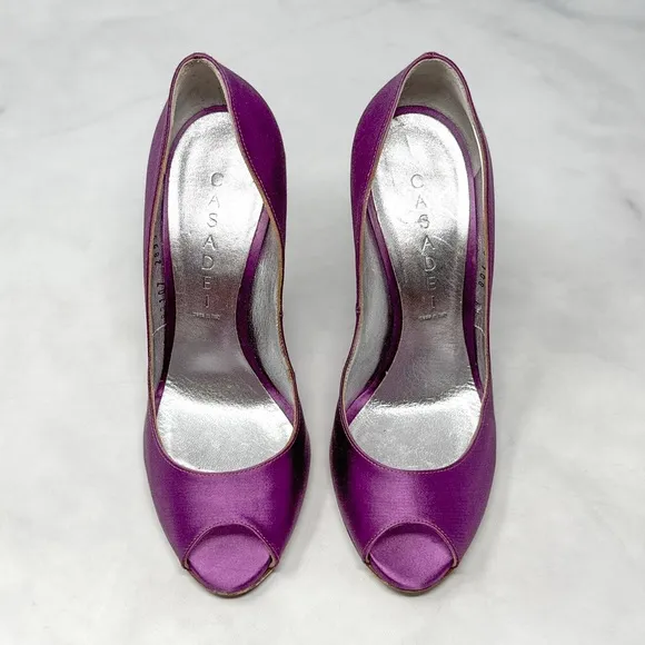 CASADEI Silk Satin Engraved Logo Metal Ring Cutout Wedge Heel Pumps Vintage 6.5